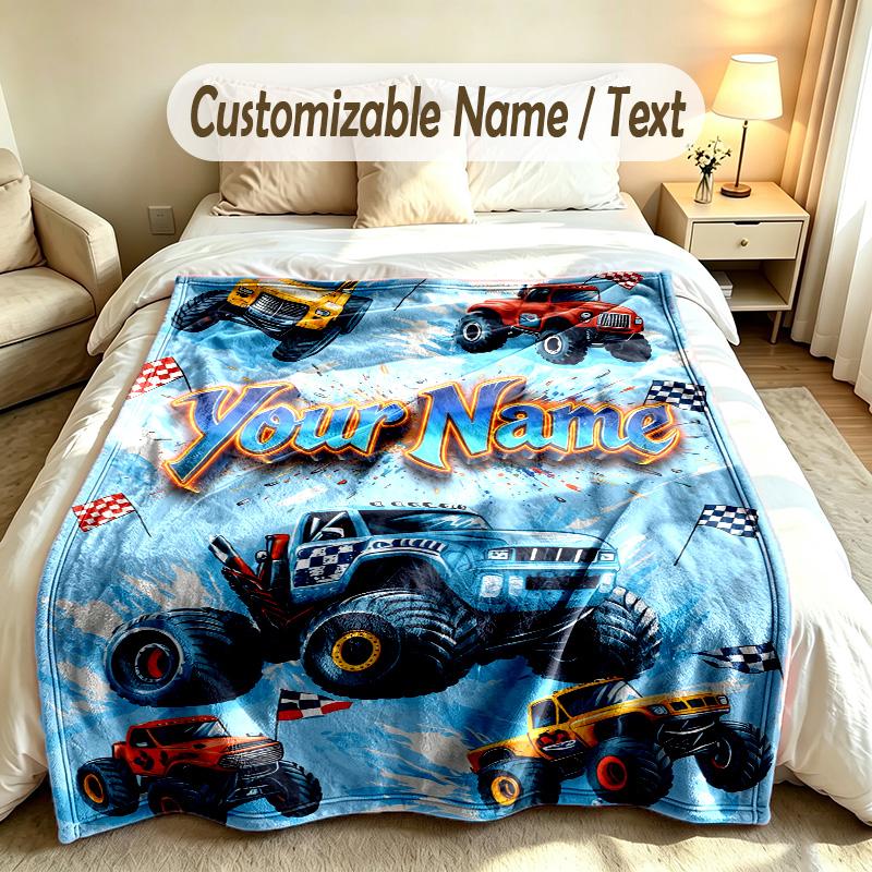 Coperta Personalizzata Tema Monster Truck Nome e Testo Personalizzati Morbida Calda Coperta da Divano Decorazione per la Casa