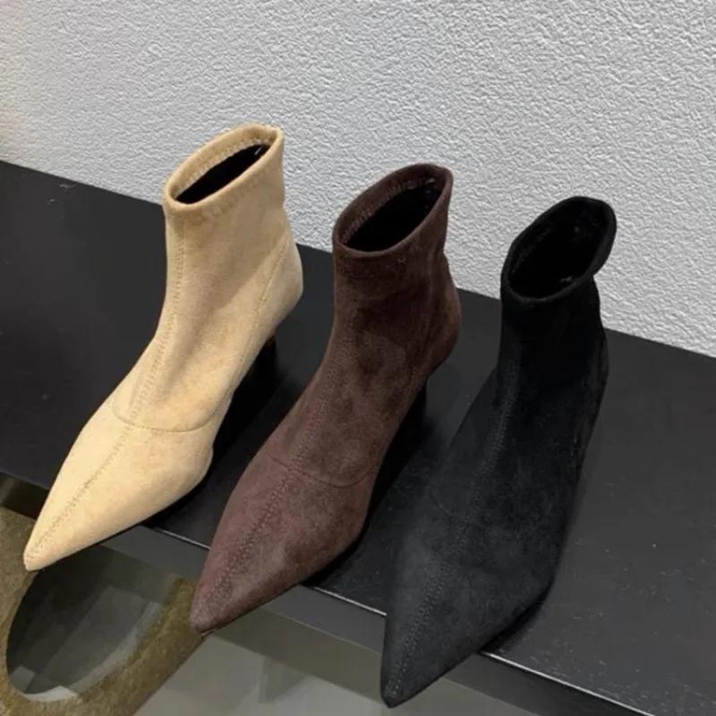 Shoes Female 2024 Fashion Ankle Women's Boots Elegant Modern Boots Women Sewing Pointed Toe Slip On Low Thin Heels Shoes Women