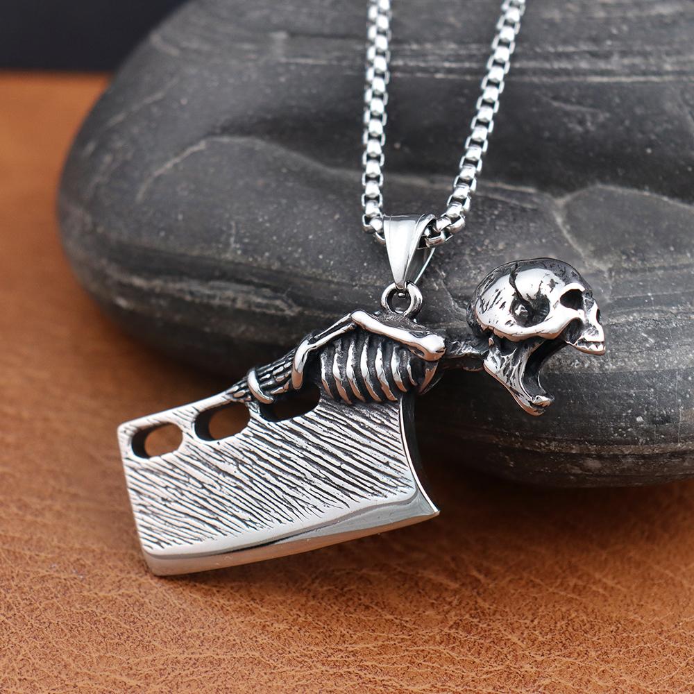 Retro Style Skull Knife Necklace Pendant for Men Punk Hip Hop Stainless Steel Skeleton Bottle Opener Gothic Jewelry
