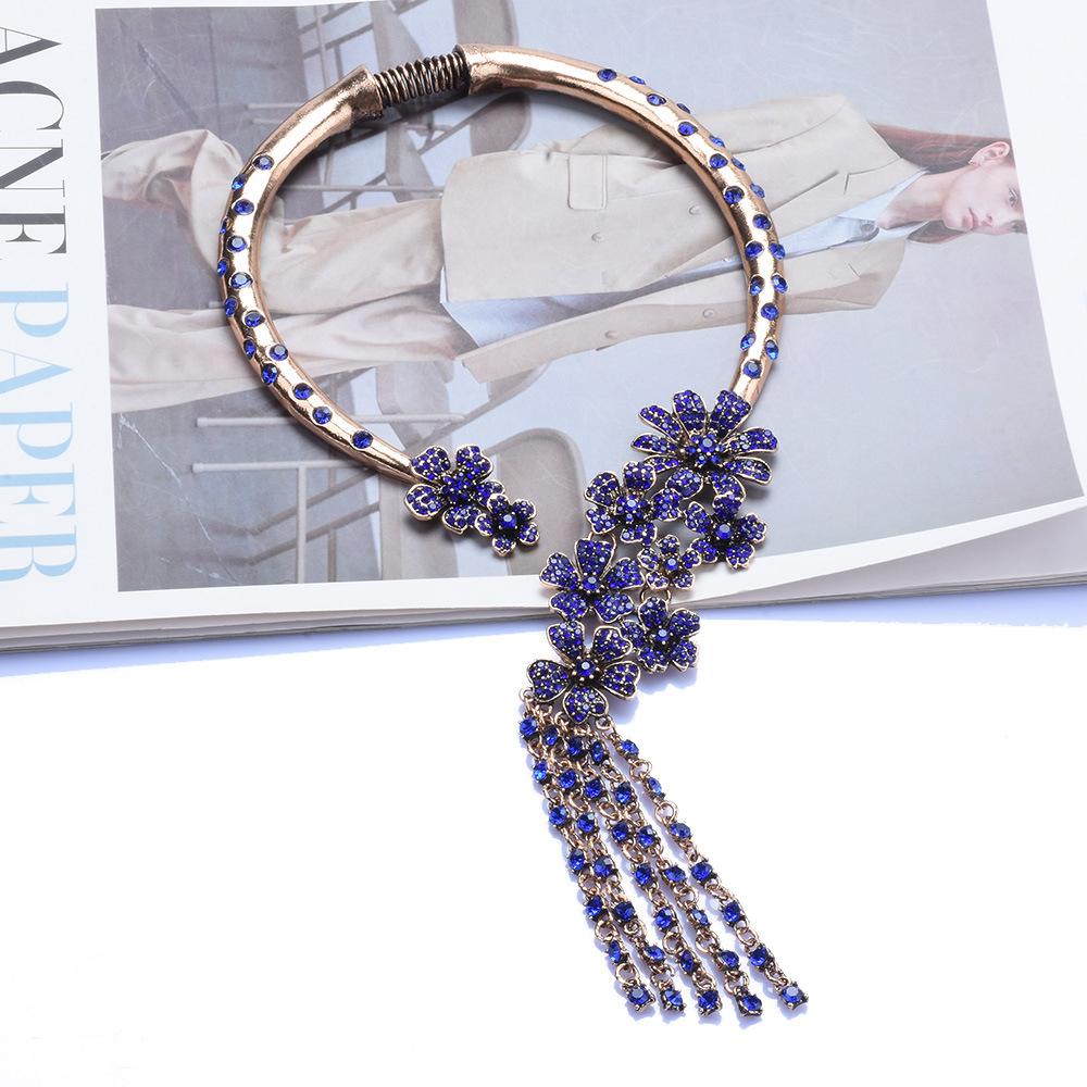 Personality: Vintage Alloy Choker, Blue Rhinestones, Exaggerated Necklace Accessory, Long Clavicle Chain, Tassel Necklace