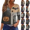 Women V Neck 34 Sleeve Button Down Casual Top with Halloween Print Split Design Loose Fit Comfortable T Shirt Blouse