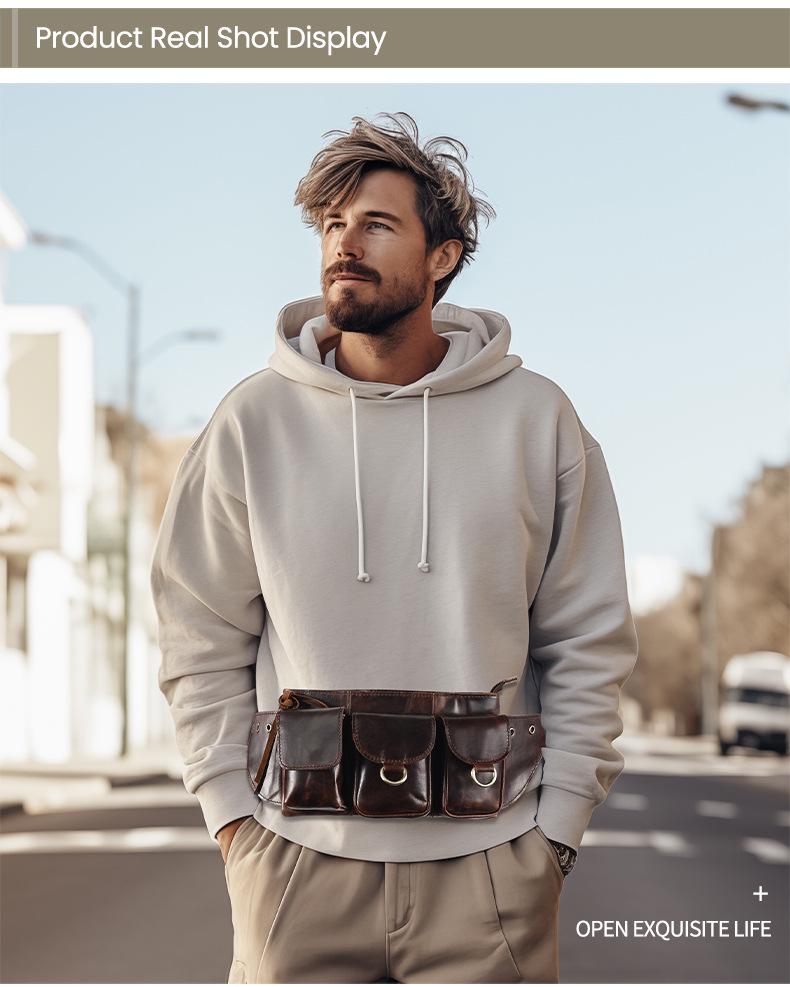 Men's Top Layer Cowhide Multi-Pocket Waist & Crossbody Bag - High-End Oil Wax Leather Retro Style