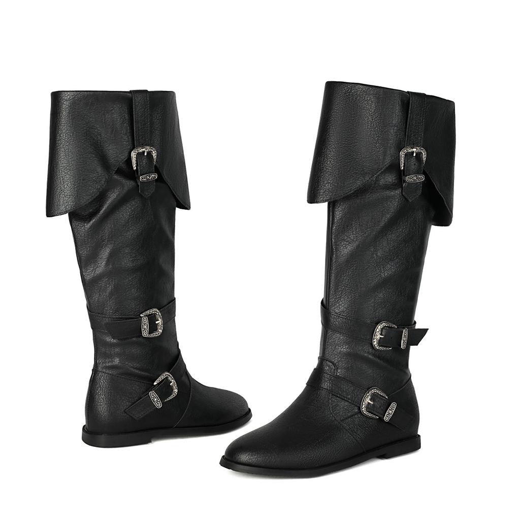 Caribbean Pirate Knee High Boots Women Tall Booties Halloween Costume Renaissance Medieval Cosplay Soft Leather Flat Shoes