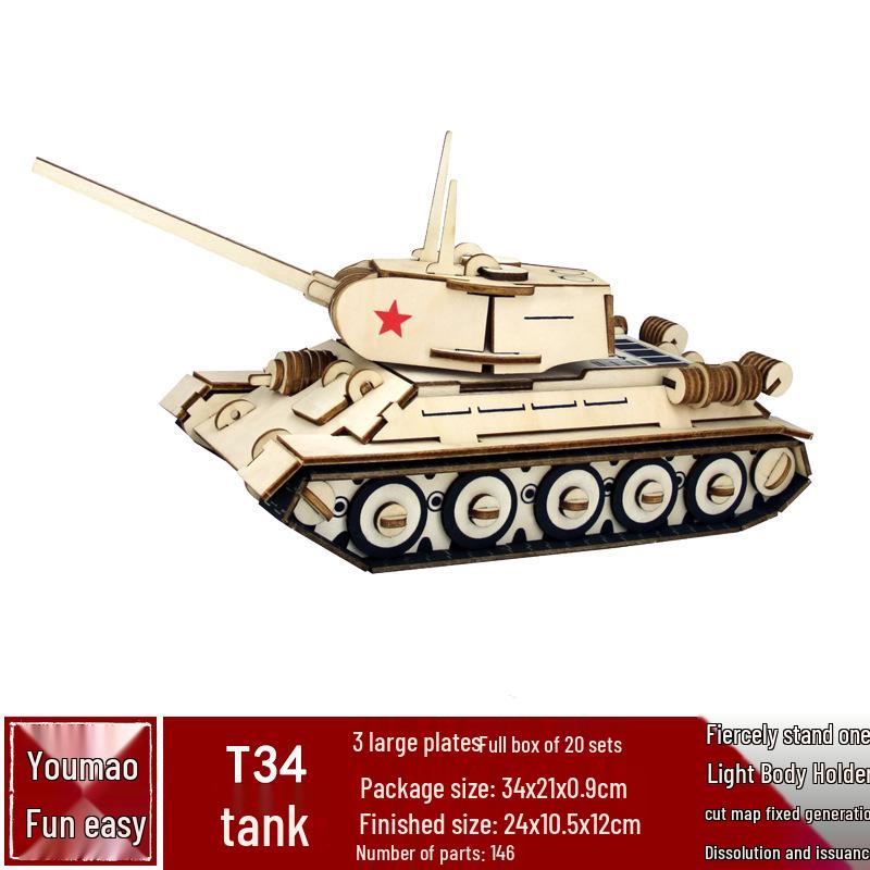 Handmade 3D Wooden Military Tank Model Puzzle for Children