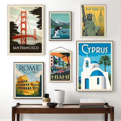 Anime-Cartoon-Stadtlandschafts-Poster, Drucke, Italien, Kanada, Golden Gate Bridge, Reise-Wandkunst, Leinwandbilder für Heimdekoration
