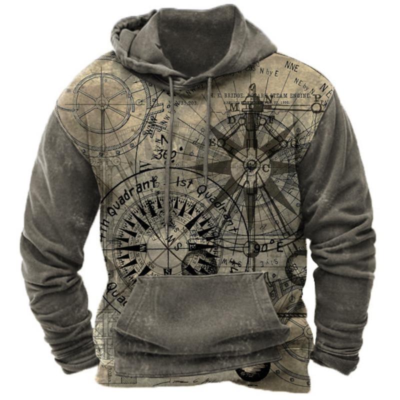 Herren Vintage Kompass 3D Druck Y2k Hoodie Harajuku Oberteile Kapuzenpullover Winter Übergroß Lässige Kleidung Streetwear Mode