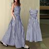 Cross-Border European and American Summer New Striped Spaghetti Strap Dress for Women, Elegant Waist-Cinching Off-Shoulder Tube Top Long Dress