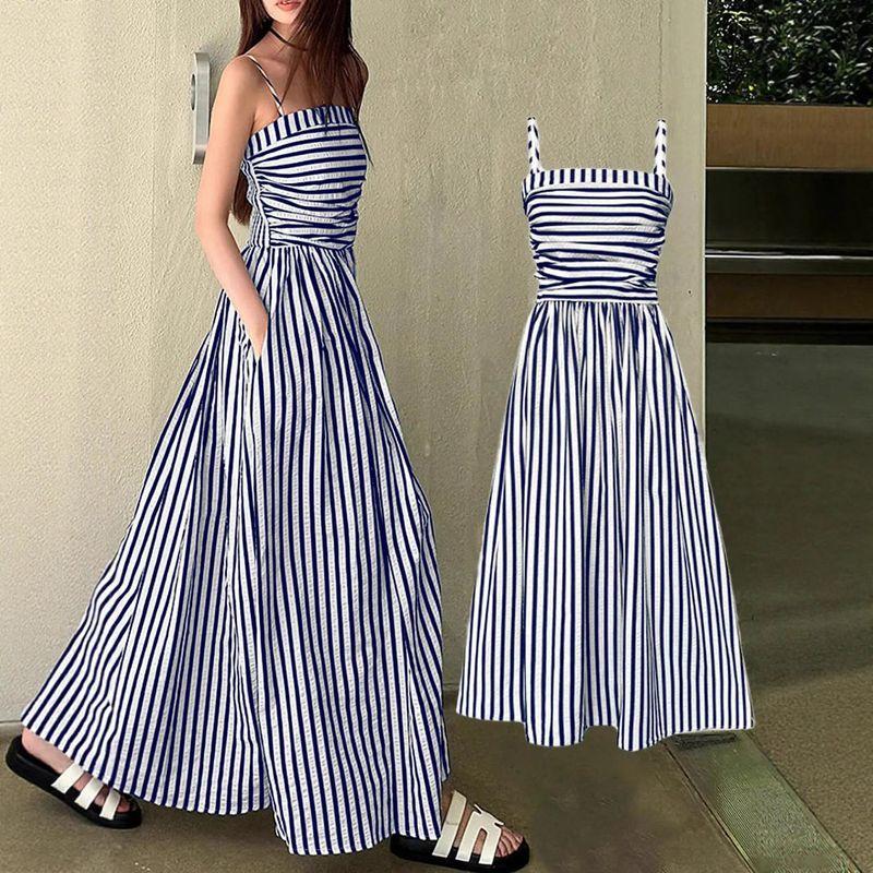 Cross-Border European and American Summer New Striped Spaghetti Strap Dress for Women, Elegant Waist-Cinching Off-Shoulder Tube Top Long Dress