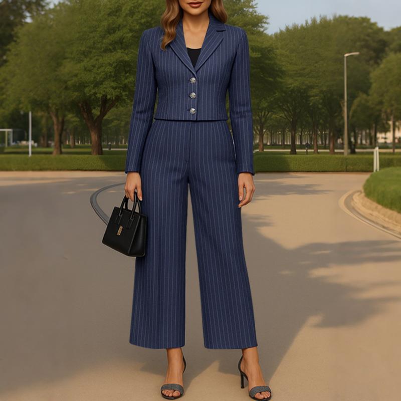 

ZANZEA Женский блейзер с длинным рукавом и укороченные брюки в полоску, комплекты из двух предметов 3XL темно-синий