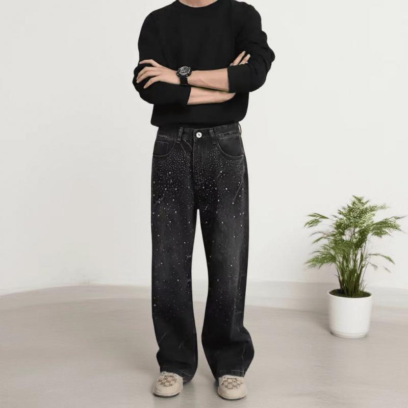 Trendige nagelneue schwarz-graue Flash-Heißdiamanten-Jeans Herren Amerikanische High Street Lockere Zigeuner Gerade Hose 33 schwarz grau