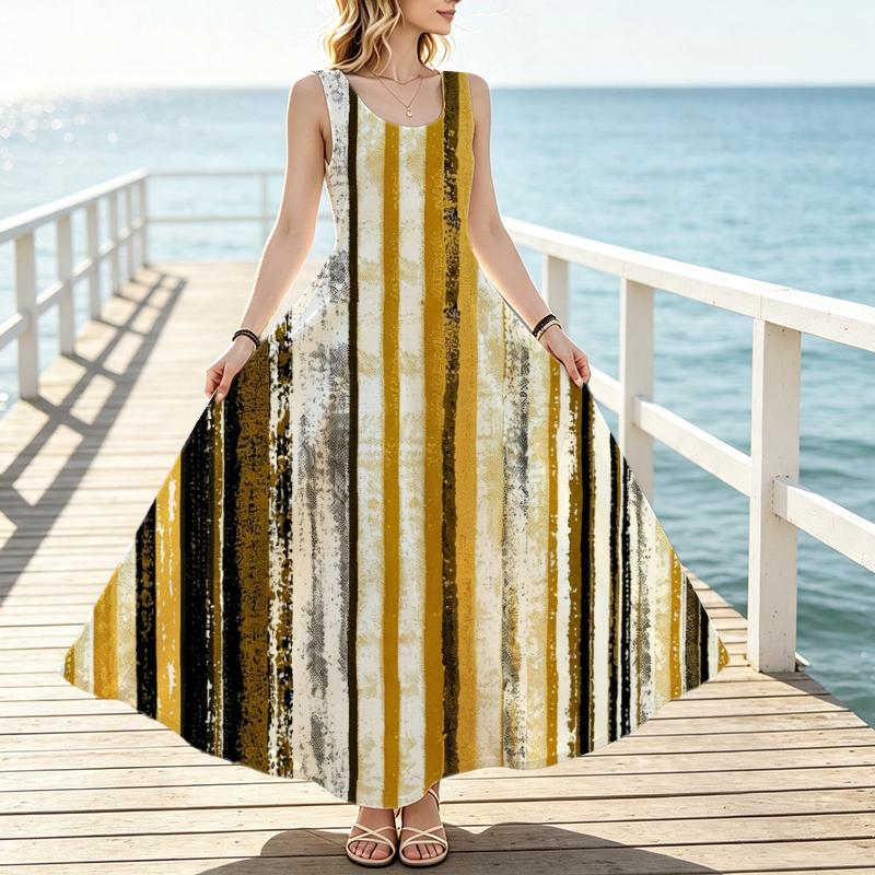 U-Neck Striped Sleeveless Beach Vacation Dress for Women Loose Fit,Comfortable Casual Stylish Floor-Length