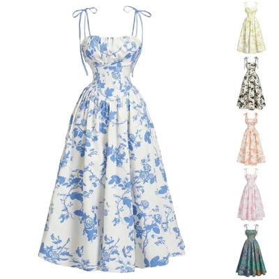 Damen Floral Bustier Korsett Kleid Krawall-Schulter Smocked Fließend Boho Langes Kleid Sommerkleid