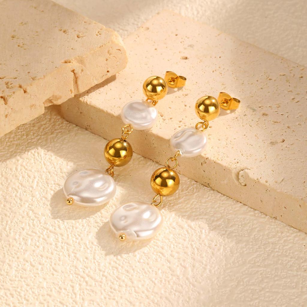 Chic Imitation Baroque Pearl Pendant Earrings,Stainless Steel Heart-shaped Stud Earrings,Dainty Earring for Women Jewelry Gift