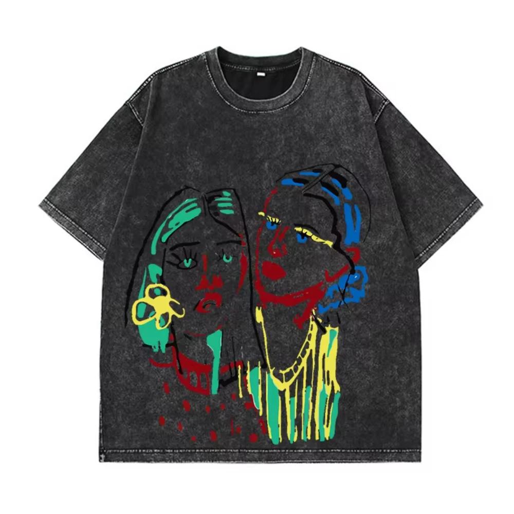 Hirsionsan Y2k Quality Oversized Washed T Shirt Women Men Vintage Print T-shirts Streetwear Wash Tee Girl Luxury