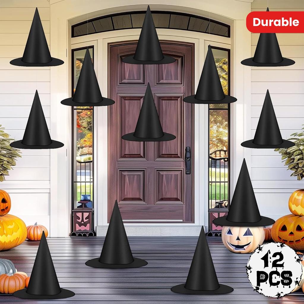 12 Pack Hanging Witch Hats Halloween Decorations Black Polyester Nylon Cord No Electricity Outdoor Home Yard Decor