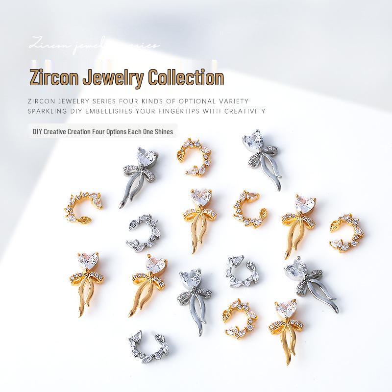 

Gold & Silver Bow Heart Zircon Rhinestone Nail Art Jewelry