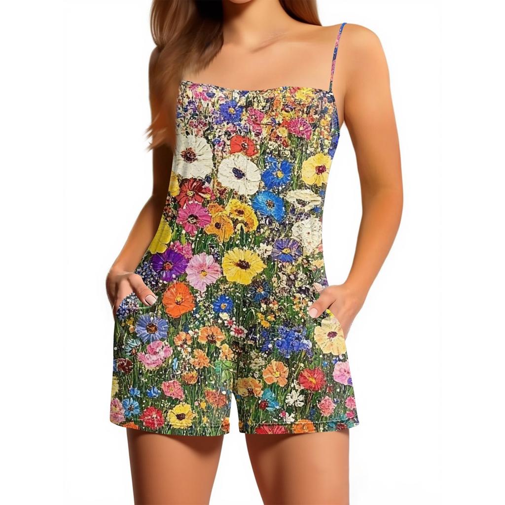 Women's Casual Fashion Floral Print Sleeveless Suspenders With Pockets Jumpsuit Shorts