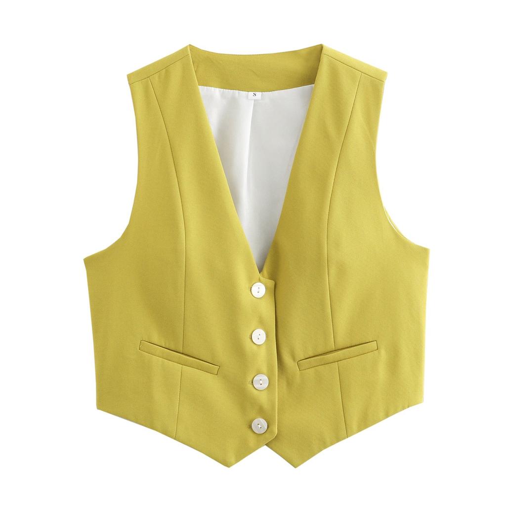 Dames Retro Ensfarget Godterifarge V-hals Kort Dressvest