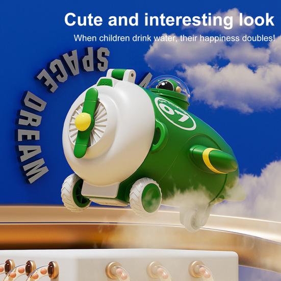 Airplane Shaped Water Bottle with Straw Strap 500ml Cartoon Kids Water Cup Leakproof Lid Silicone Nozzle Water Container for School Sports Travel