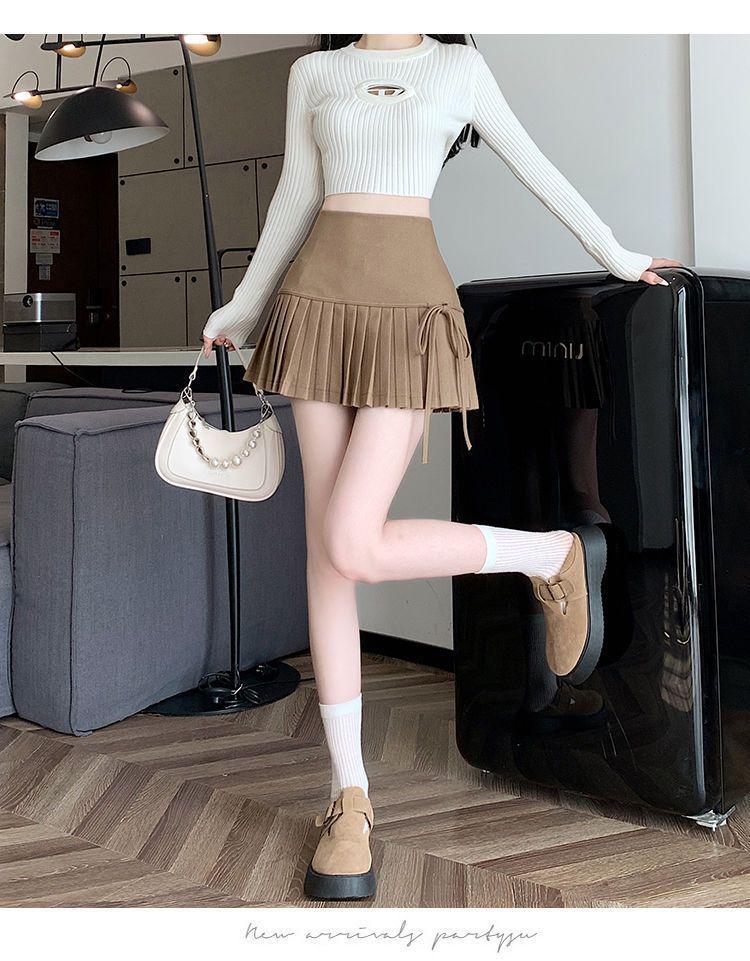 Women's College Style Black Lace-Up Pleated A-Line Skirt - High-Waisted, Slim Fit, Petite, Spring/Summer 2025