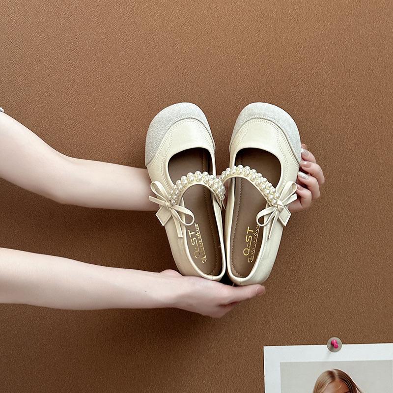 French temperament beautiful pearl one-word belt single shoes women's 2025 spring and summer new ballet shoes flat Mary Jane shoes
