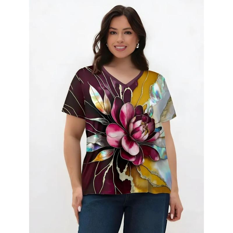 

Повседневная Модная Минималистичная Абстрактная Живопись Цветочный Узор Дышащая 3D-печать Футболка с V-образным вырезом и короткими рукавами Повседневная Спортивная Футболка 5XL