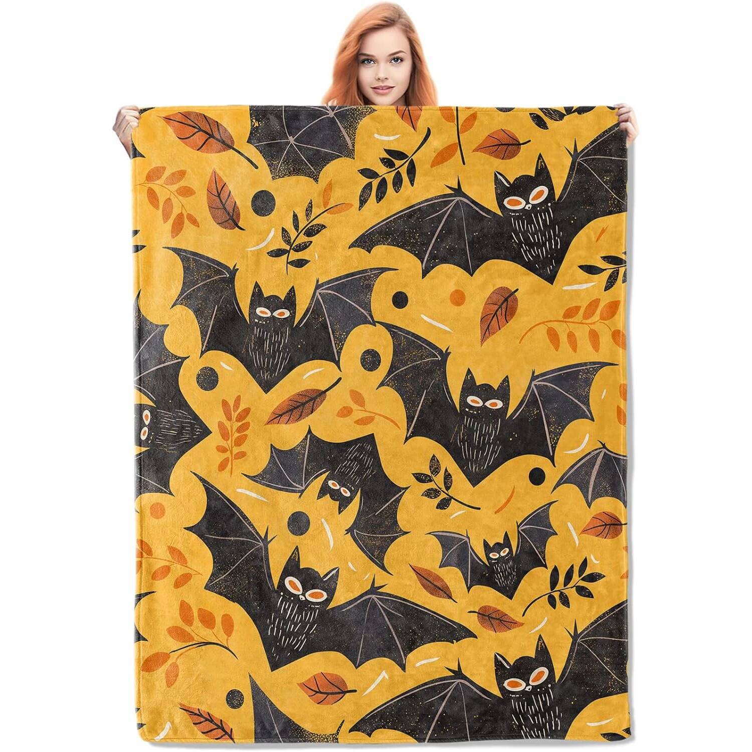 blanket Bat Blanket,Autumn Leaves Flannel Throw Blankets,Soft Warm Lightweight Cozy Plush Halloween Size: 75*100cm, Weight: 230 GSM