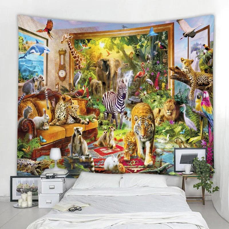 African Jungle Wild Animal Tapestry Rainforest Theme Wall Hanging Safari Animals Giraffe Elephant Tapestries For Boys Adults