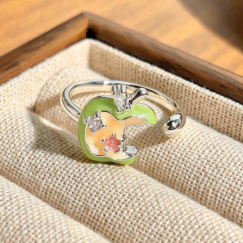 Niche High‑Sense Stack‑Wear Open Ring Subculture Sweet‑Cool Green Apple Enamel Zircon Personality Light‑Luxury Adjustable Fashion Jewelry