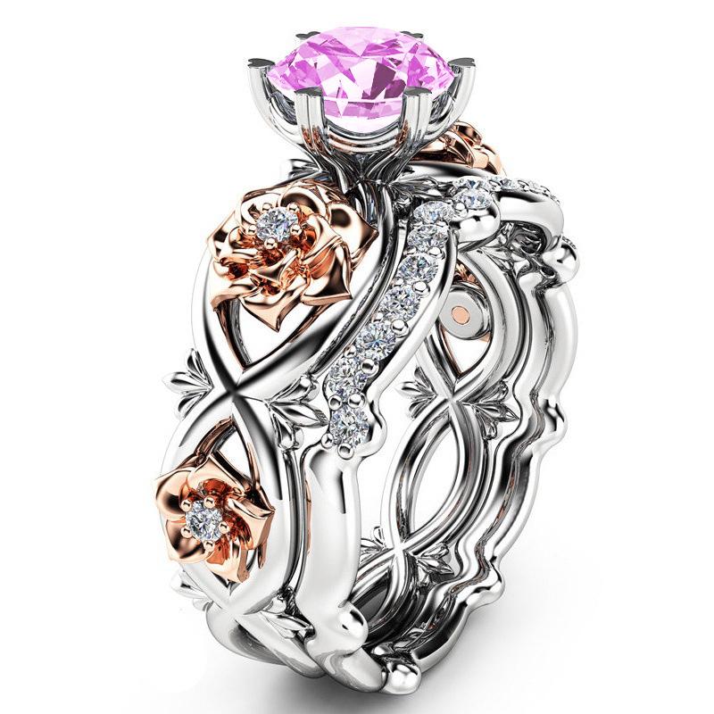 18K Plated Rose Flower Zircon Ring Set - Engagement Jewelry