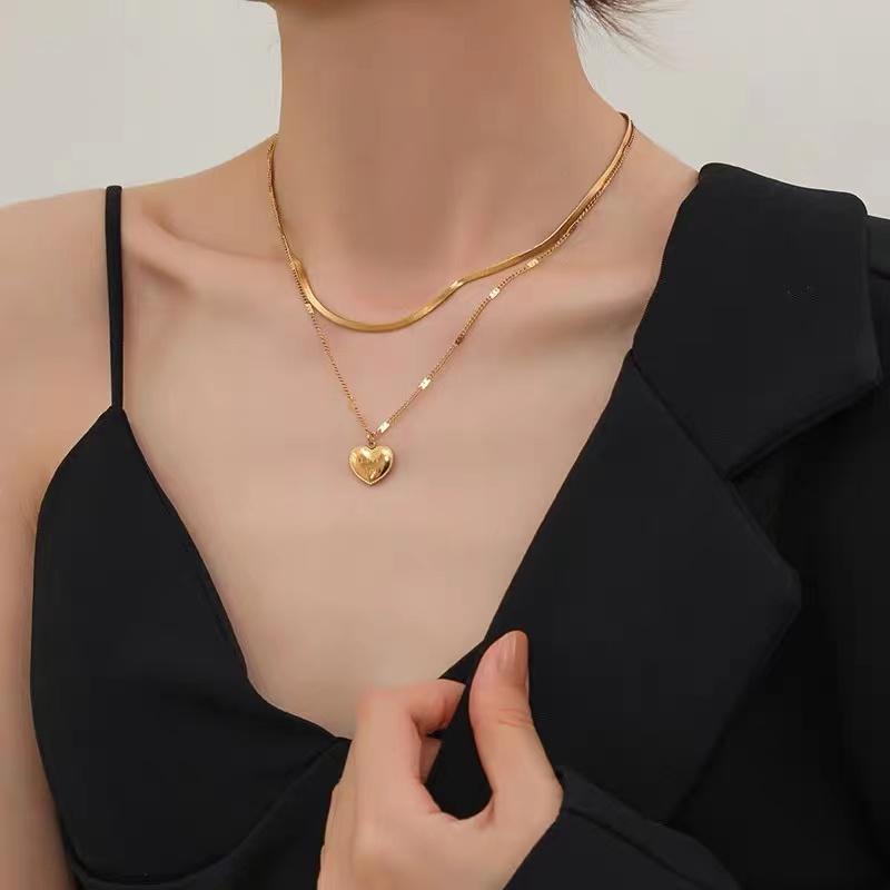 European and American Stainless steel Double-layer Gold Color Heart Pendant Neckchain For Women 2026 Fashion Jewelry Accessories