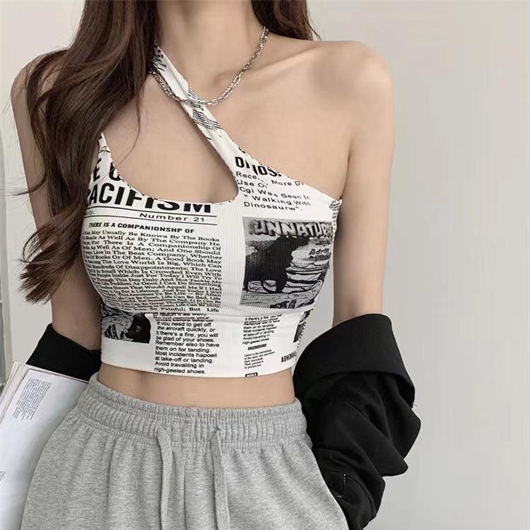 Ice Silk Newspaper Print Off-Shoulder Camisole Top for Women