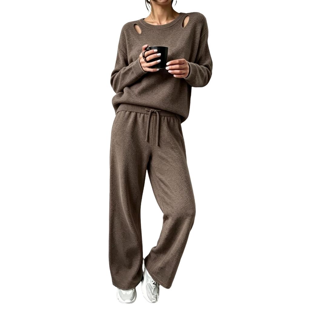 Women's Cutout Off-the-Shoulder Long Sleeve Knit Two-Piece Set for Casual Wear