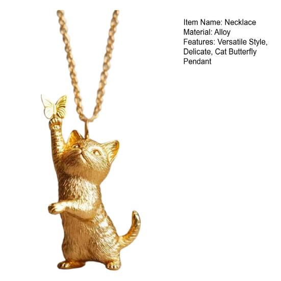 Cat Butterfly Pendant Necklace Cute Kitty Charm Necklace Women Kitten Necklace Gift for Wife Girlfriend Cat Lovers