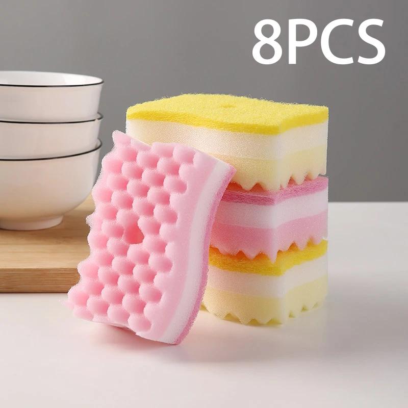 4/8Pcs Dishwashing Sponge Wood Pulp Cotton Color Magic Cleaning Sponge Remove Rust Pot Brushes Kitchen Washing Tool