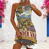 Women Plus Size Criss Cross Cutout Neck Sleeveless Landscape Printed Fitted Curved Hem Dress