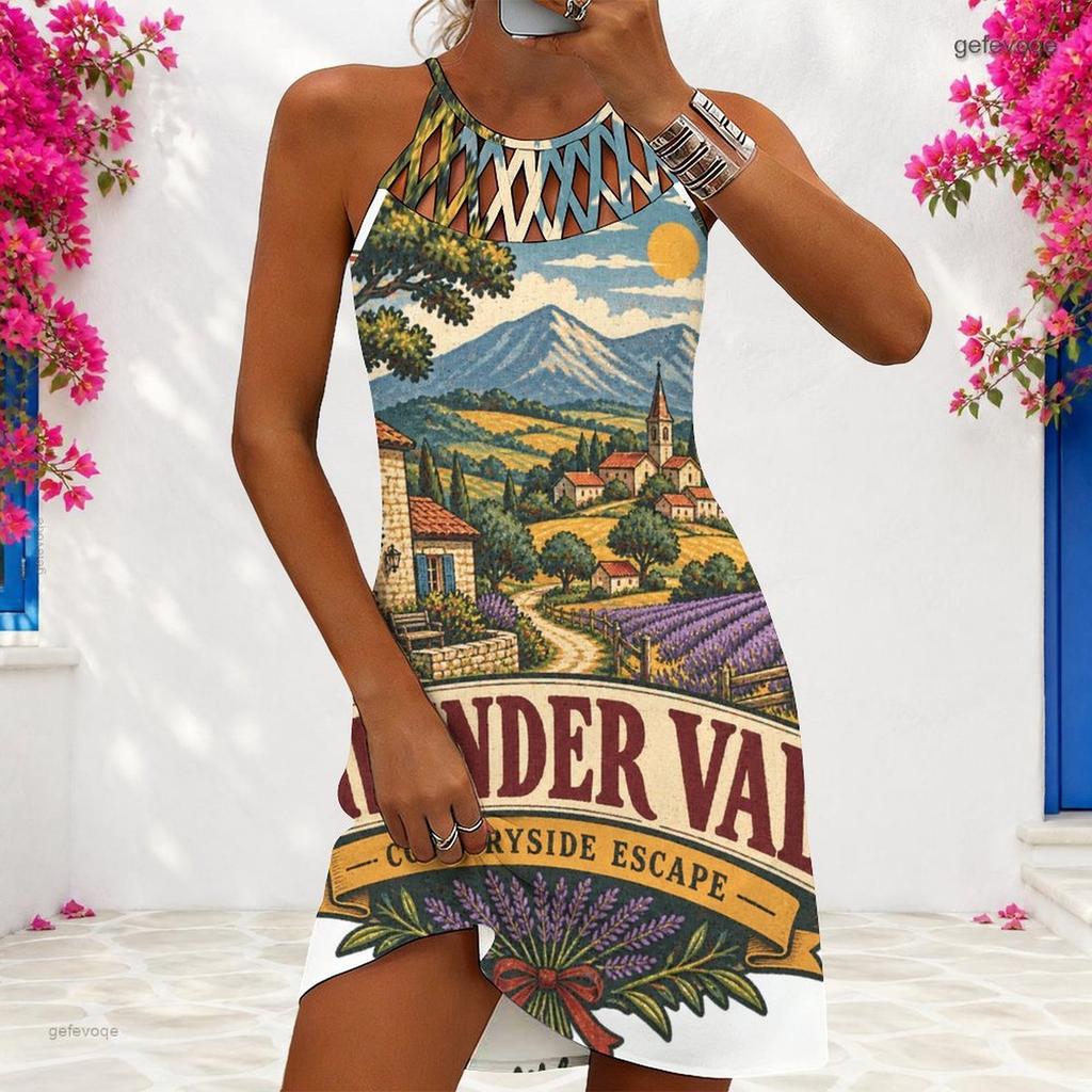 Women Plus Size Criss Cross Cutout Neck Sleeveless Landscape Printed Fitted Curved Hem Dress