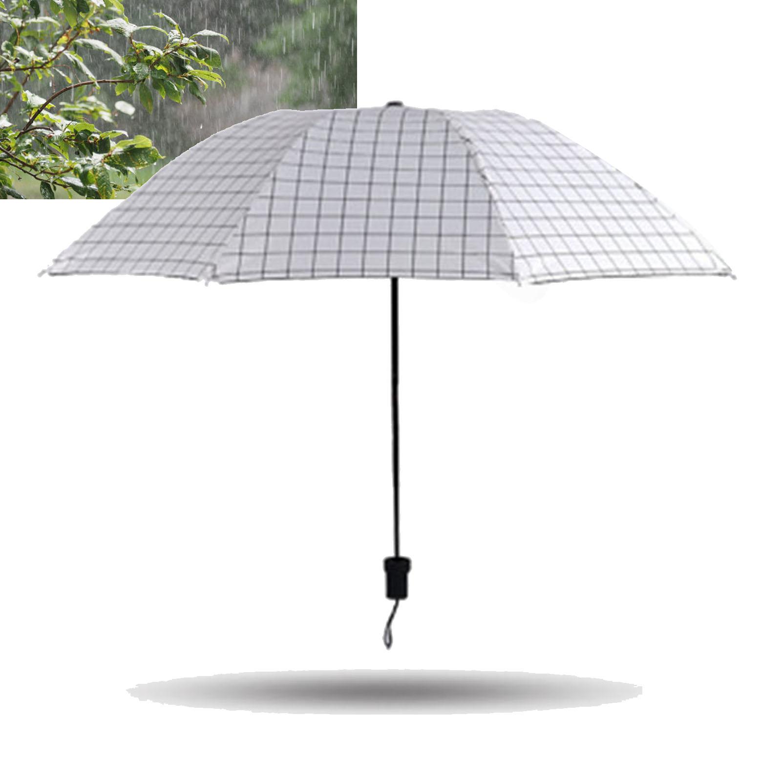 Portable Umbrella Tri Fold 8 Ribs Rain Sun Dual Use Windproof Foldable Plaid Pattern Umbrella for Outdoor Travel White