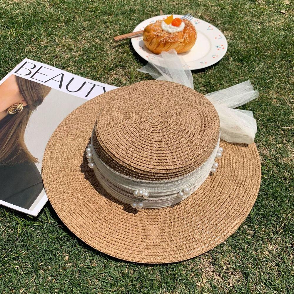 Pearl Summer Straw Hat Spring Summer UV Protection Cap Ins Wide Brim Sun Hat  Travel