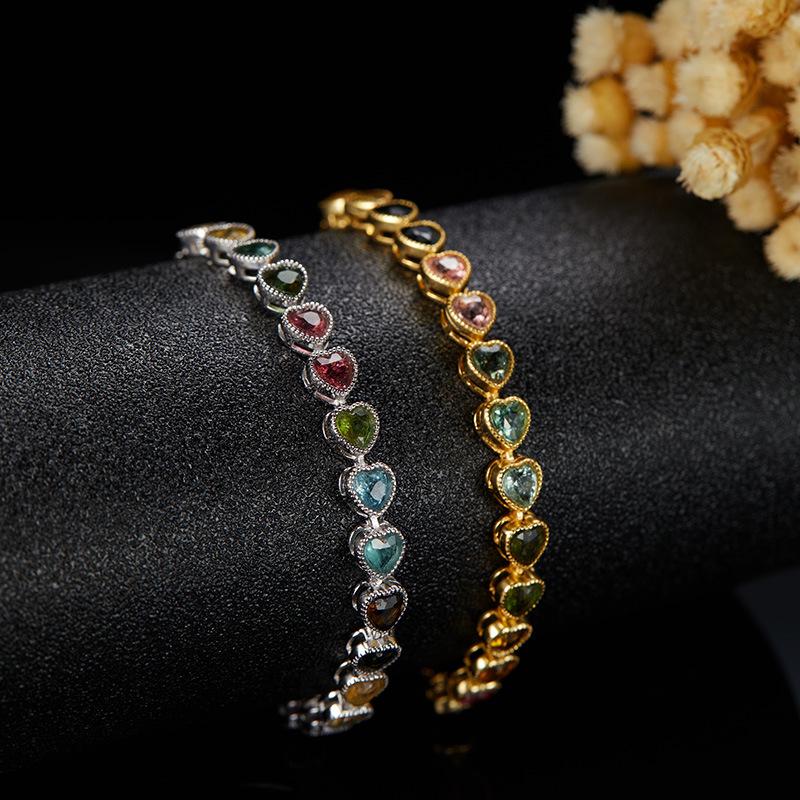 Earrings S925 Sterling Silver Inlaid Natural Colored Treasure Tourmaline Bracelet Women'S Heart-Shaped Love High-End Bracelet.