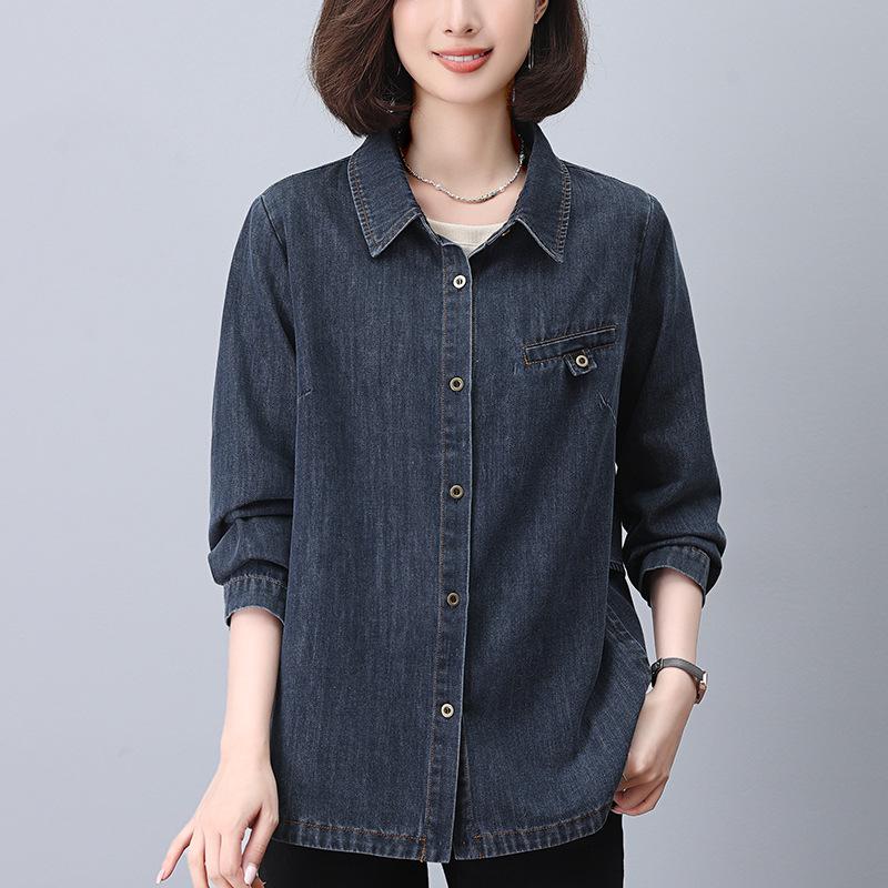 

Женская джинсовая куртка большого размера на каждый день с длинным рукавом - Новый стиль 2024 года, средней длины с отложным воротником для весны/осени M