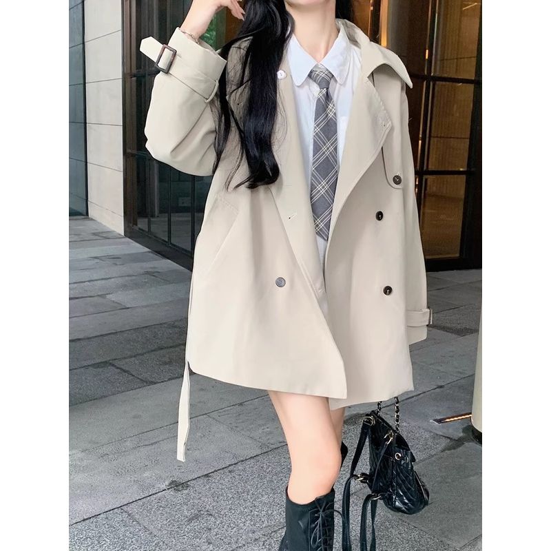Kumikumi British Style Apricot Lapel Trench Coat Outerwear Women Autumn Elegant All-Match Loose Slimming New Coat