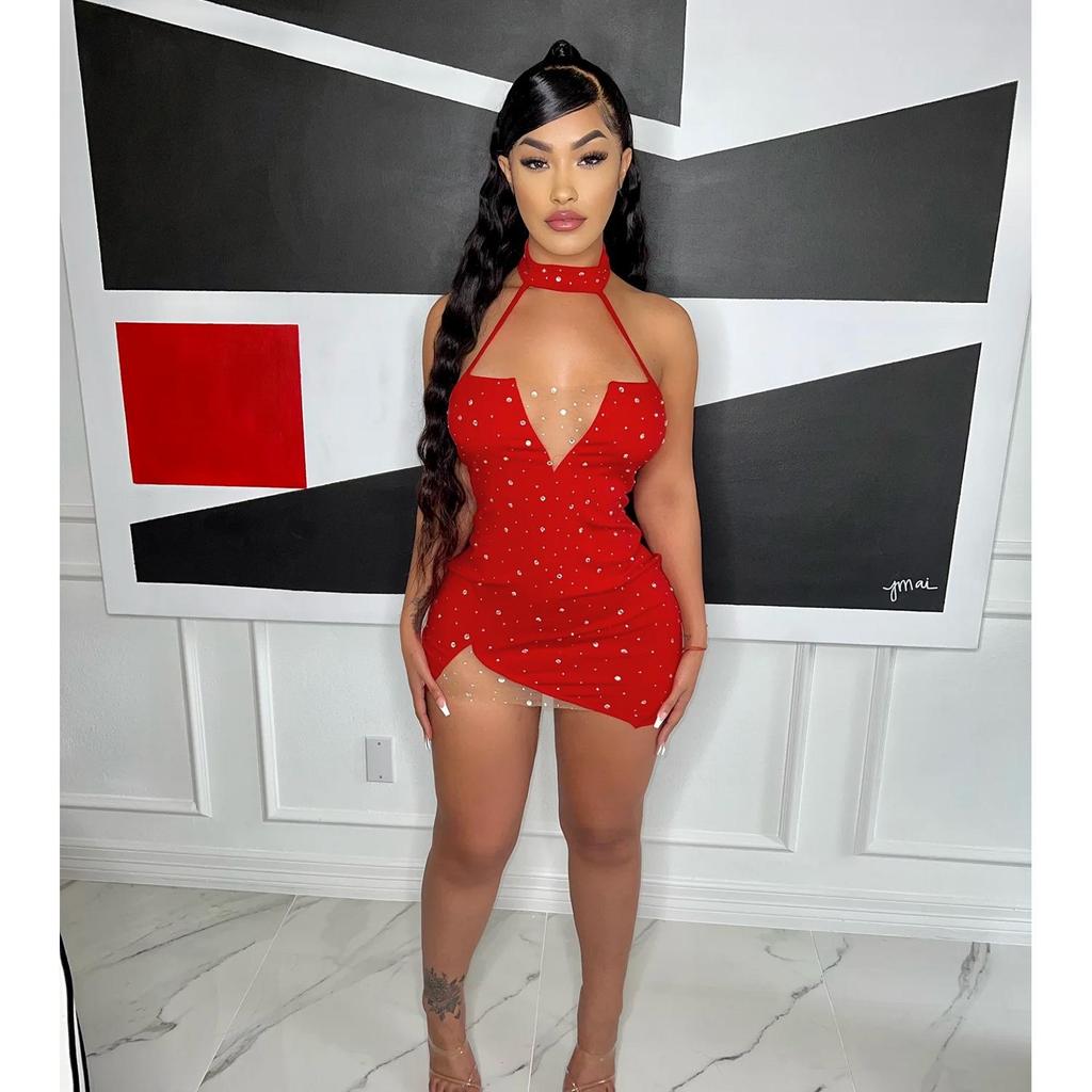 OS6862 Letní Sexy Šaty s Hlubokým Výstřihem a Diamanty - Dámské Krátké Šaty Evropského a Amerického Stylu