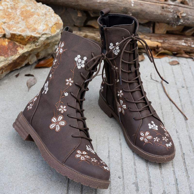 Woman Ankle Boots Retro Embroidery Spring Autumn Shoes Women Casual Thick Low Heel Side Zip Western Round Head Fashion Botines