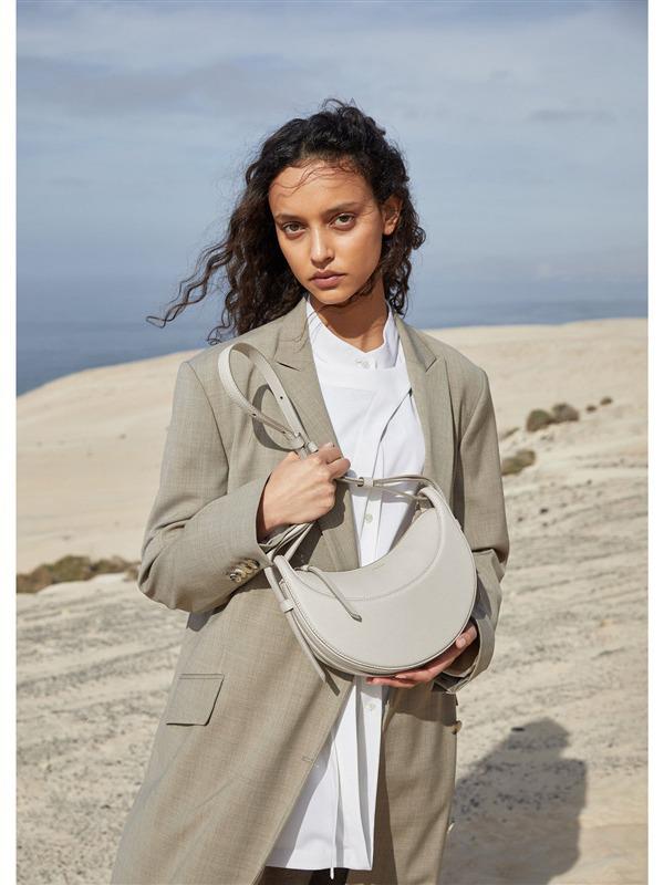 Polen Paris Niche Lychee Grain Crescent Leather Shoulder & Crossbody Bag for Women