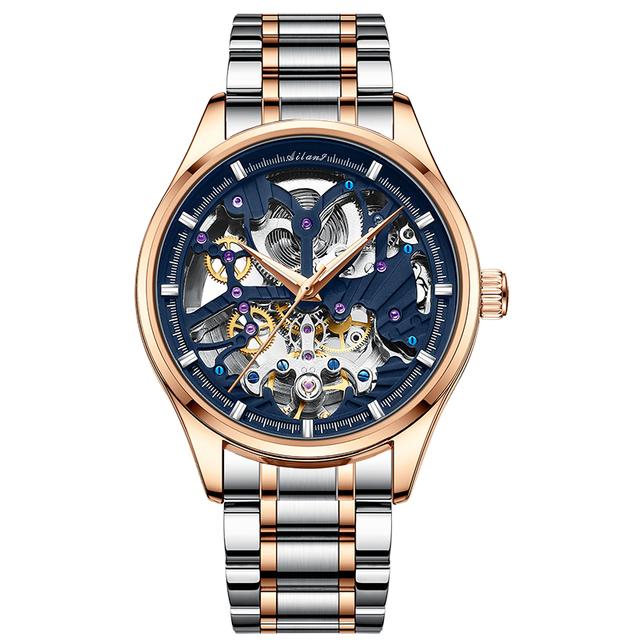 Skeleton Design Watches Rose Gold Case Male Automatic Mechanical Watch Stainless Steel Band Watch Relogio