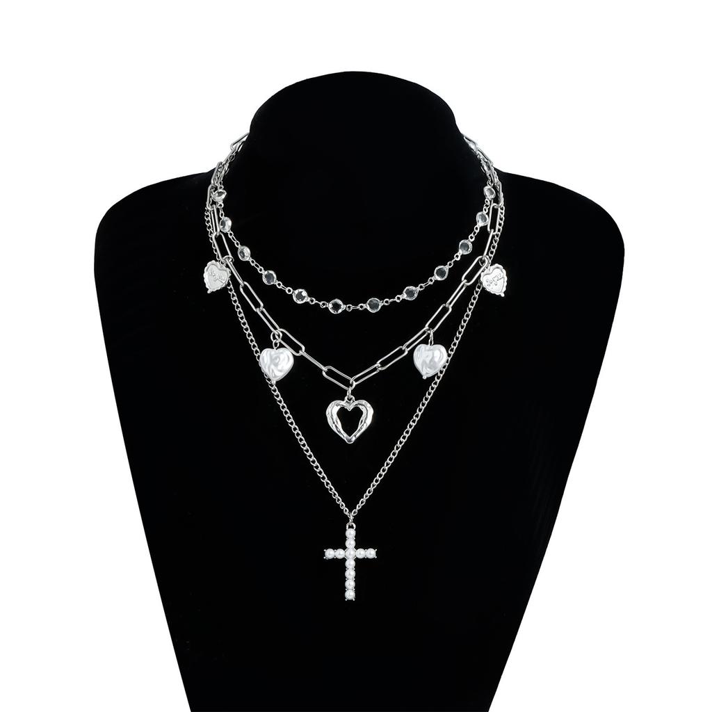 Y2K Retro Cross and Heart Charm Necklace Trendy Collarbone Chain Alloy Neck Jewelry for Women Cool Girls