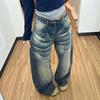 Jeans da Donna Vita Bassa Vintage Blu Gamba Larga Gamba Dritta Larga Denim Lavato Usurato Streetwear