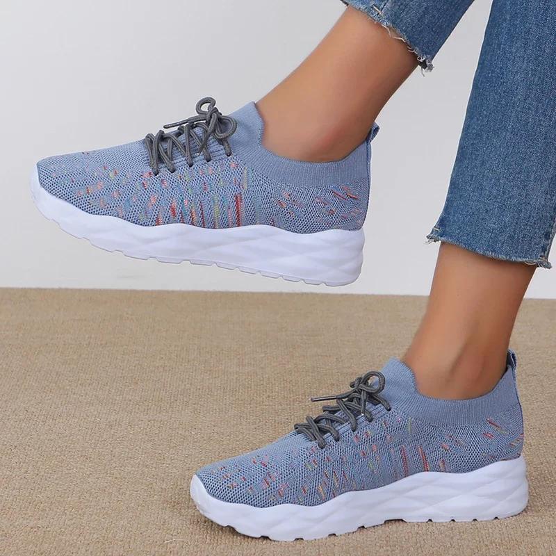 Fashion Mixed Color Knitted Platform Sneakers Women Spring Summer Casual Thick Sole Sports Shoes Woman Lace Up Non Slip Walking Shoes