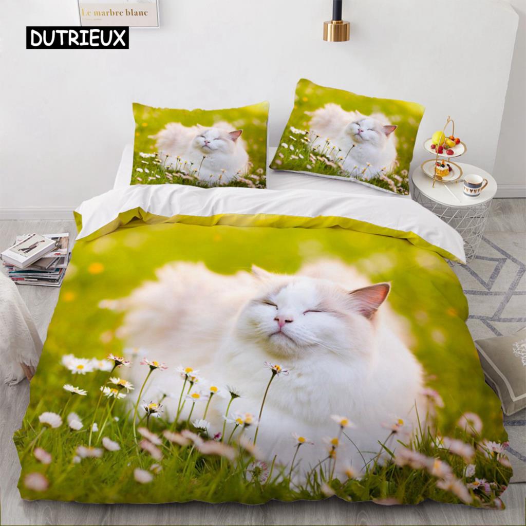 3D Bedding Sets Red Duvet Quilt Cover Set Comforter Bed Linen Pillowcase King Queen 210*210cm Size Pet Cat Design for Kids Girls